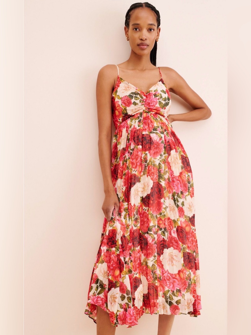 NWT. Moon River. Pleated Floral Sleeveless Midi Dress. Size Medium.